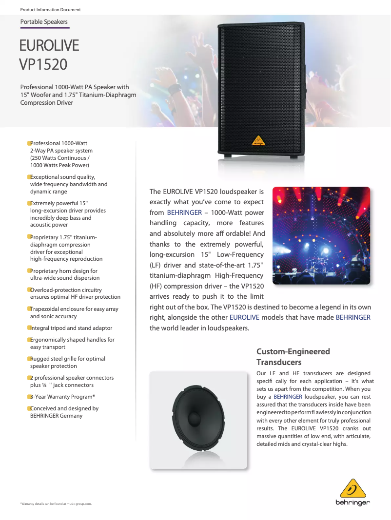 Page 1 de la notice Fiche technique Behringer VP1520