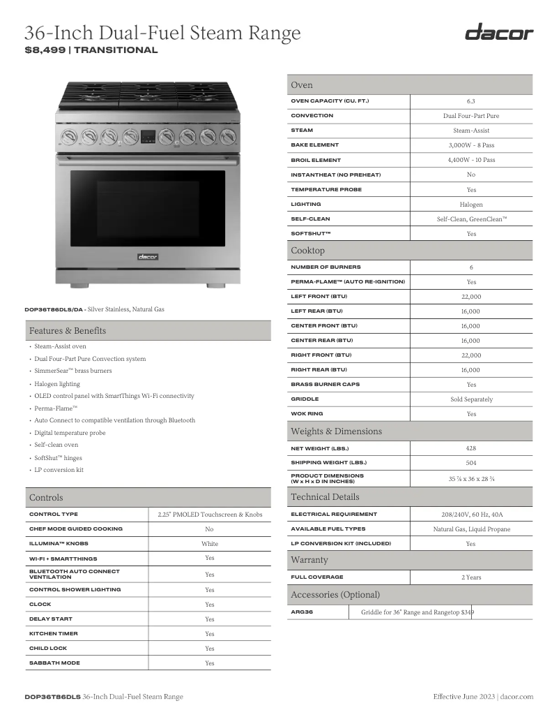 Page n°1 - Fiche technique Dacor DOP36T86DLS
