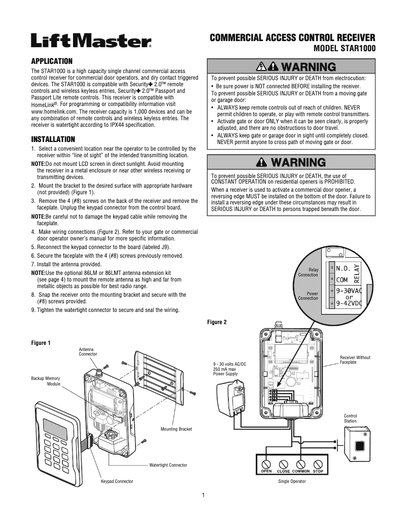 Page n°1 - Manuel utilisateur LiftMaster STAR1000