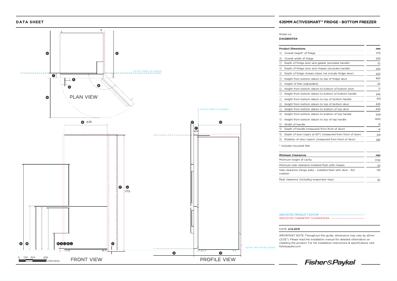 Page 1 de la notice Fiche technique Fisher & Paykel E402BRXFD4
