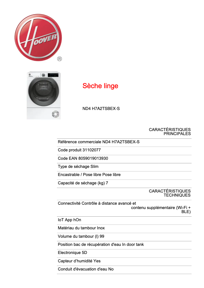 Page n°1 - Fiche technique Hoover ND4 H7A2TSBEX-S