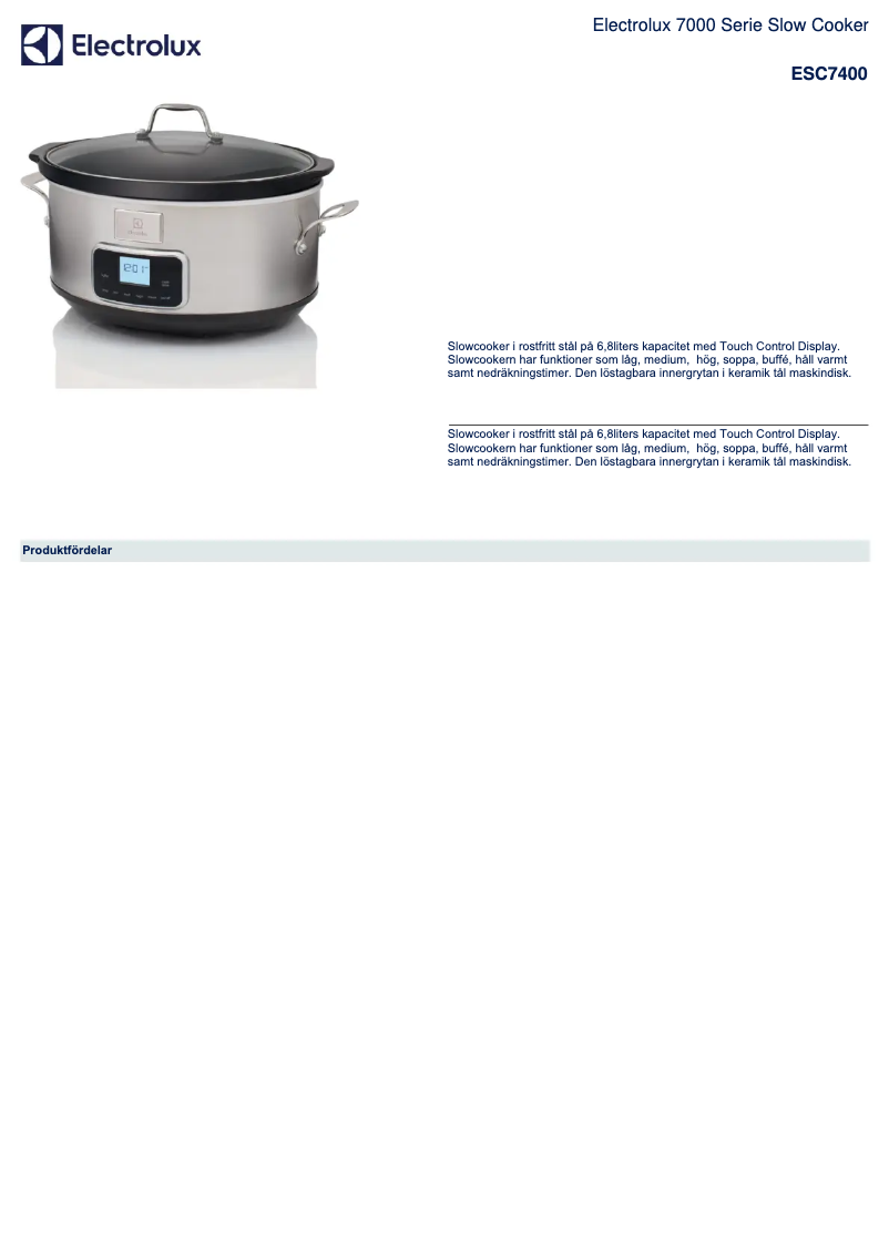 Page 1 de la notice Fiche technique Electrolux ESC7400