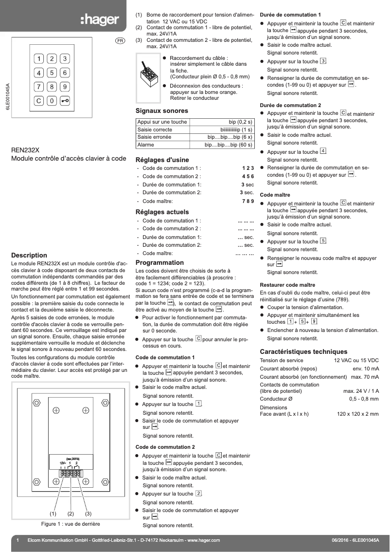 Page n°1 - Manuel utilisateur Elcom REN232X