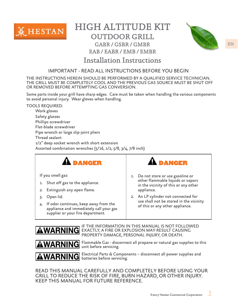 Page 1 de la notice Guide d'installation Hestan GMBR42-NG-BK