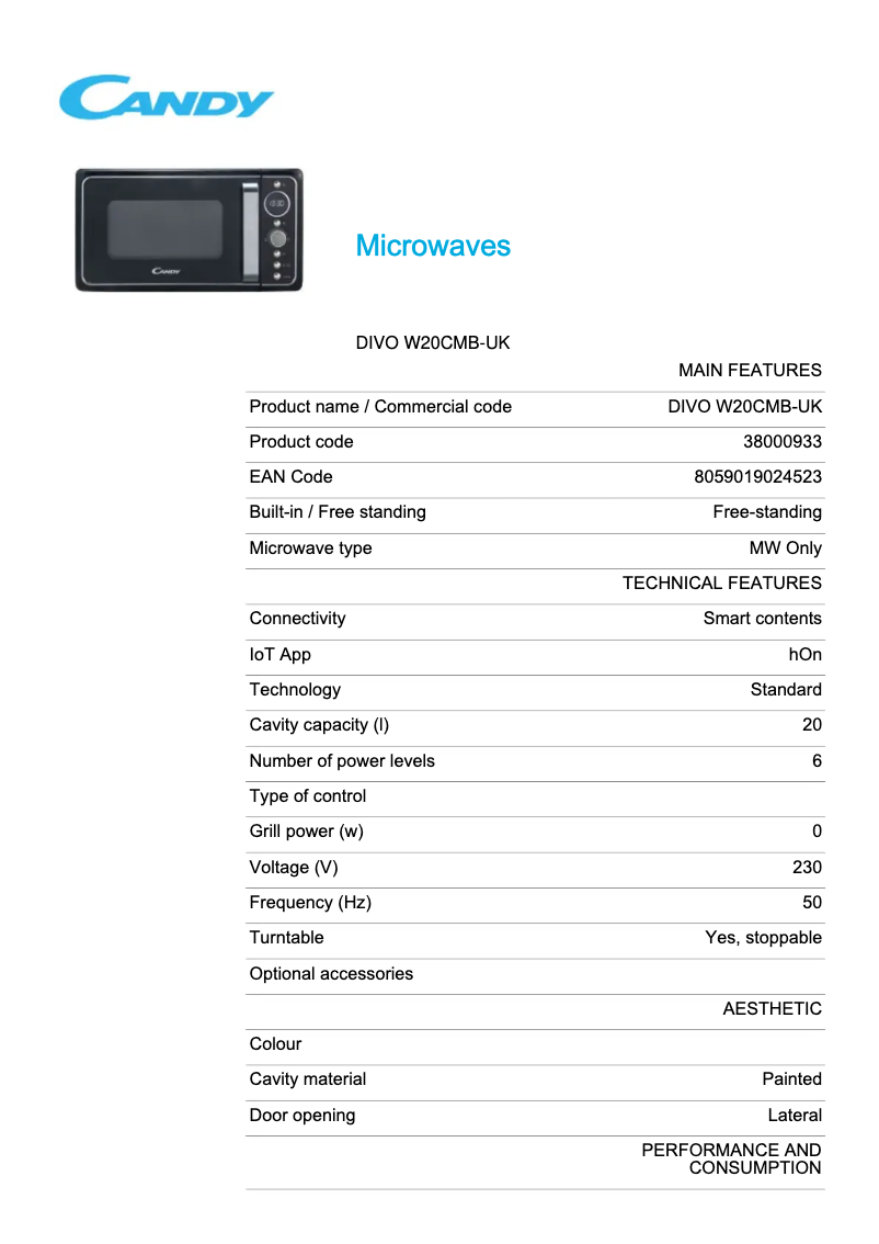Page 1 de la notice Fiche technique Candy DIVO W20CMB-UK
