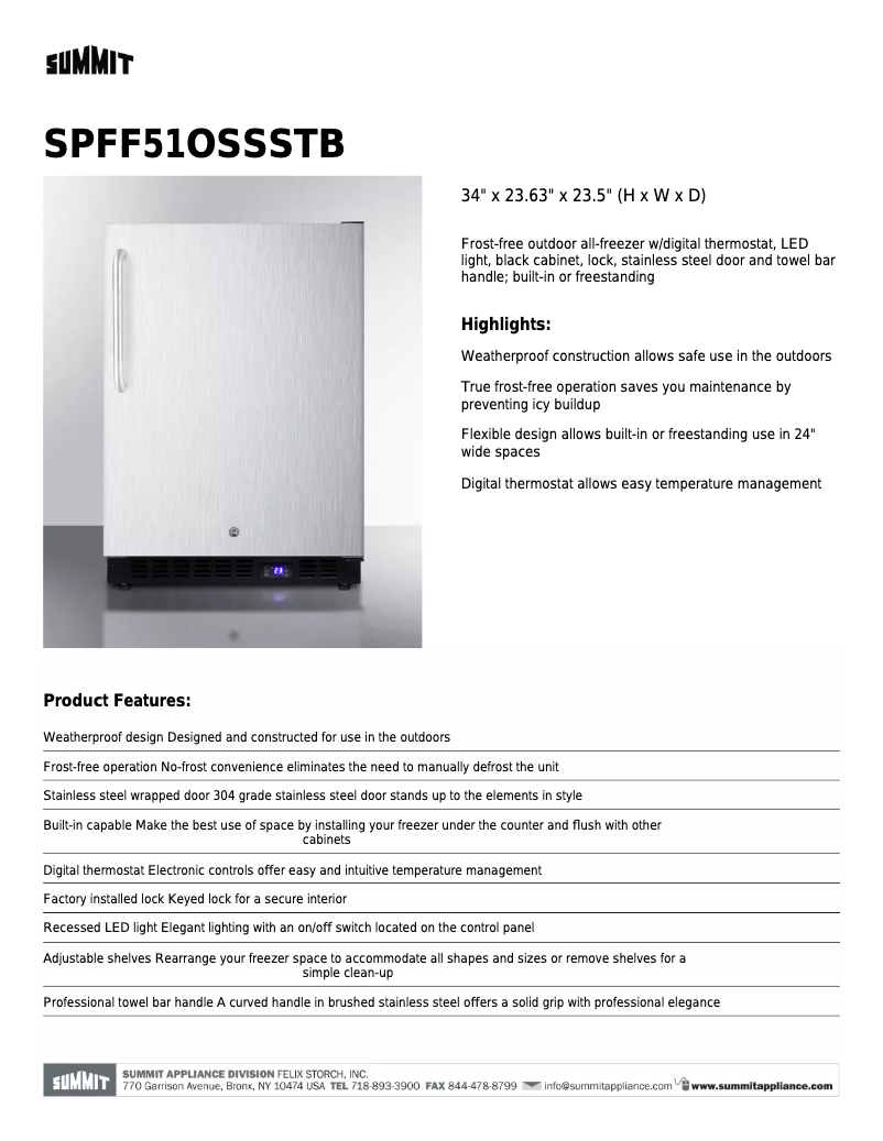 Página 1 del manual Ficha técnica Summit SPFF51OSSSTB