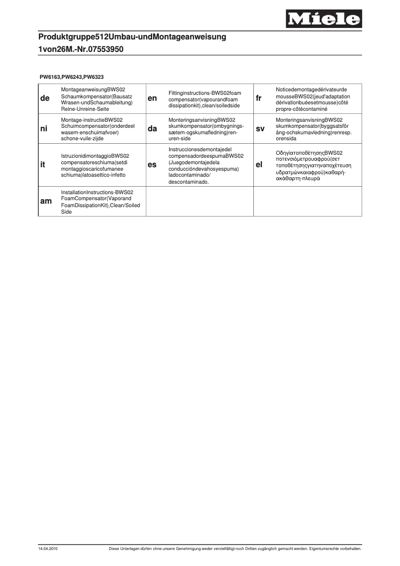 Page 1 de la notice Manuel utilisateur Miele BWS 02