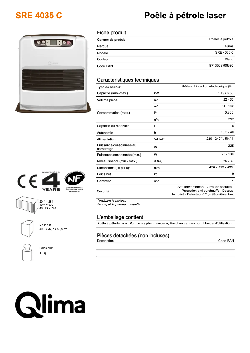 Page 1 de la notice Fiche technique Qlima SRE4035C