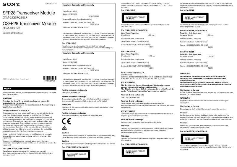 Page 1 de la notice Manuel utilisateur Sony OTM-25GSR