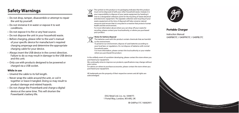 Page 1 de la notice Manuel utilisateur Goji G40PPK17C