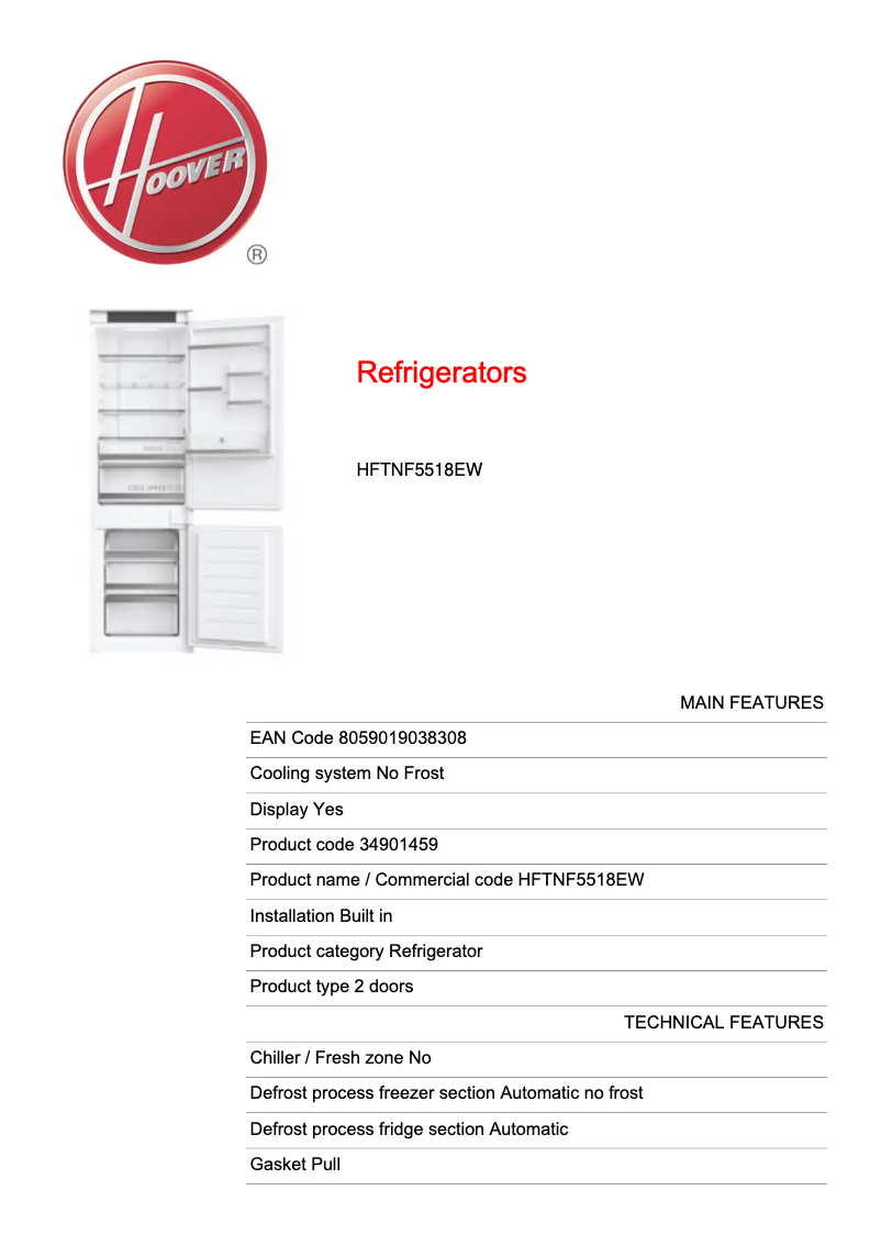 Page 1 de la notice Fiche technique Hoover HFTNF5518EW
