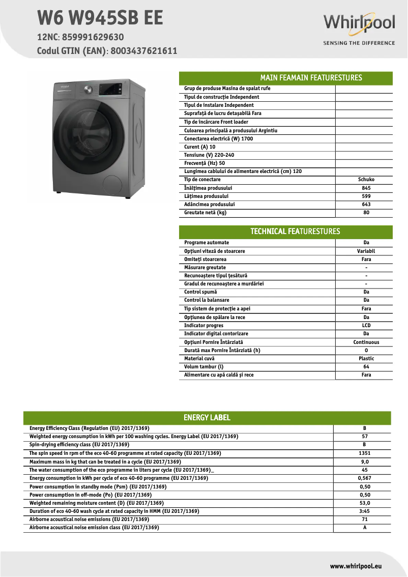 Page 1 de la notice Fiche technique Whirlpool W6W945SBEE