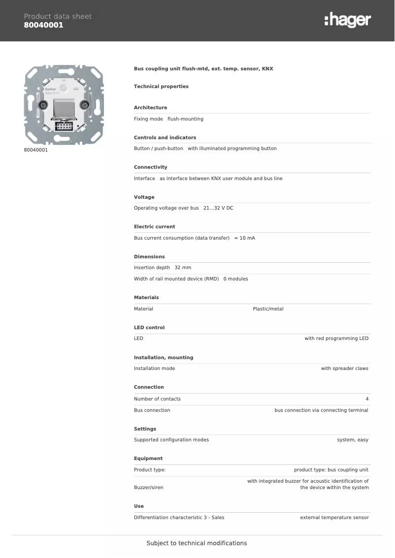 Page 1 de la notice Fiche technique Berker 80040001