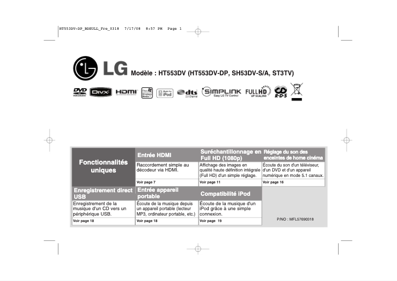 Page 1 de la notice Manuel utilisateur LG HT553DV