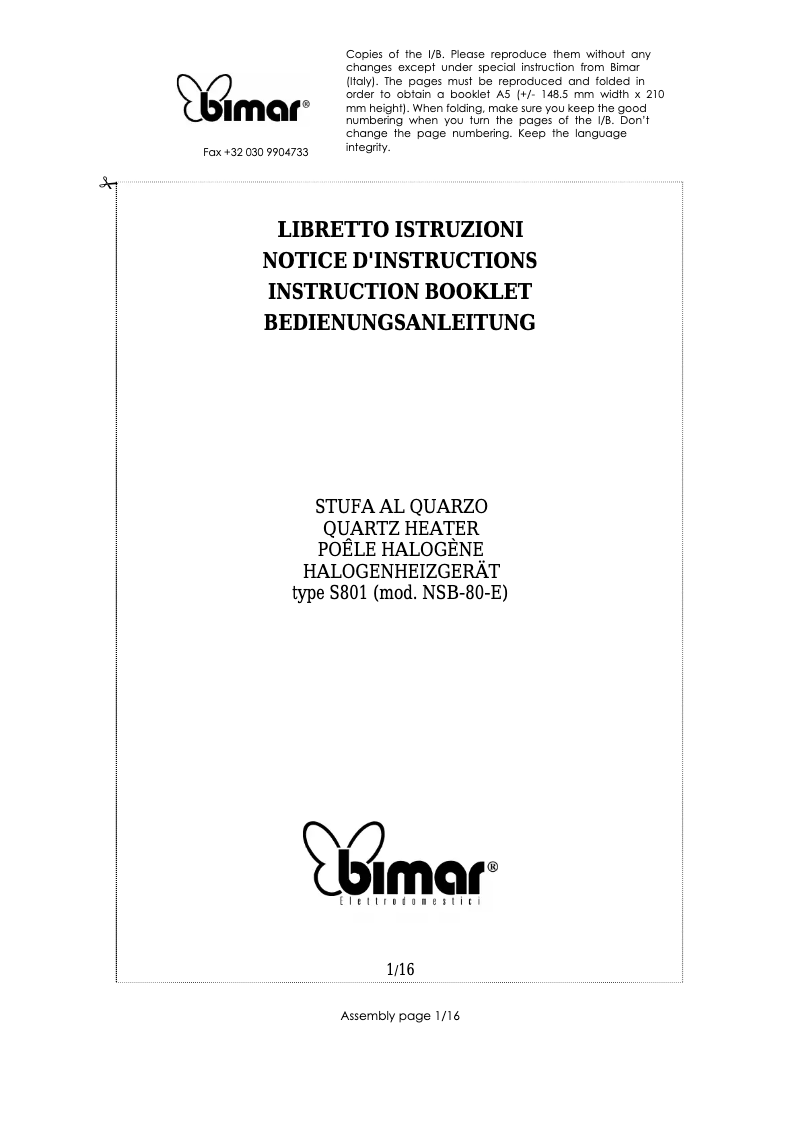 Page 1 de la notice Manuel utilisateur Bimar S801.EU