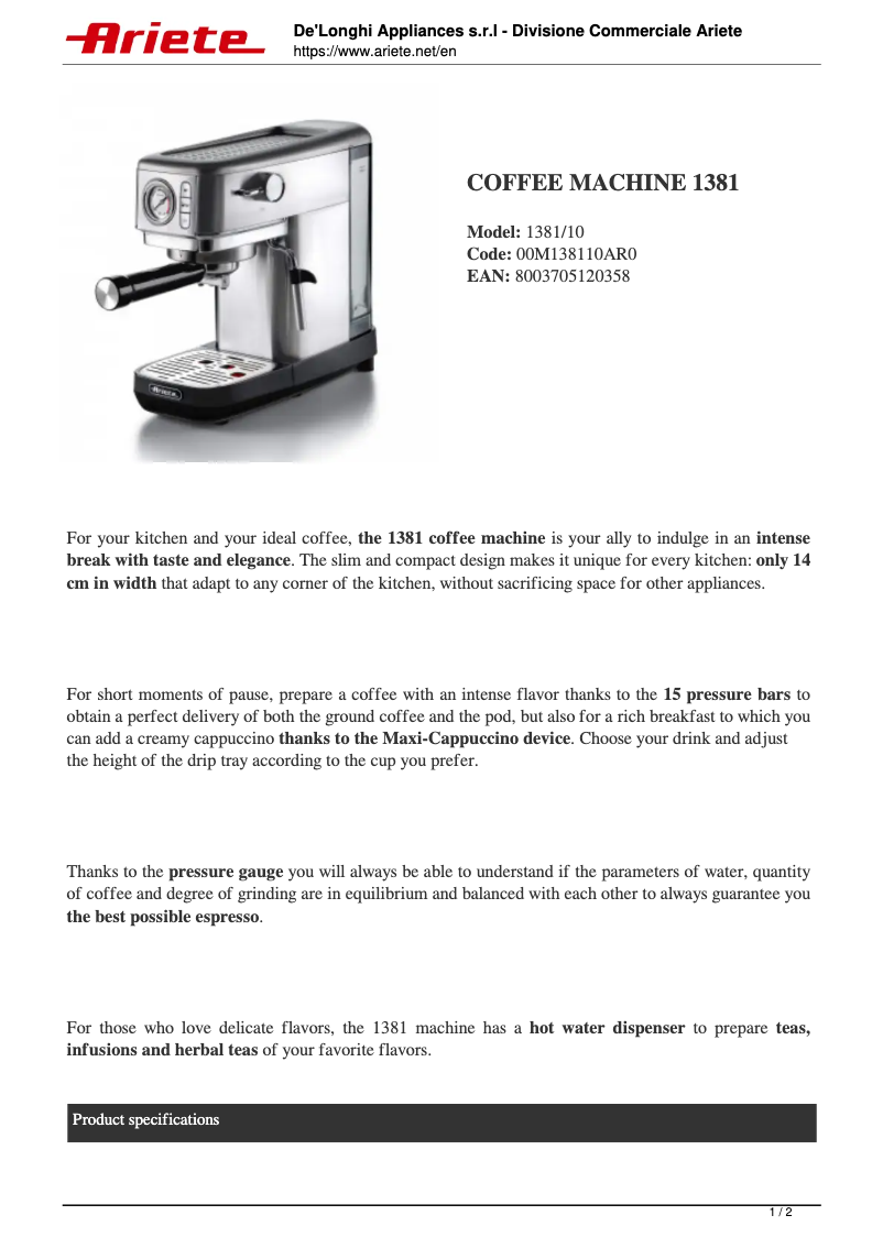 Page n°1 - Fiche technique Ariete 1381