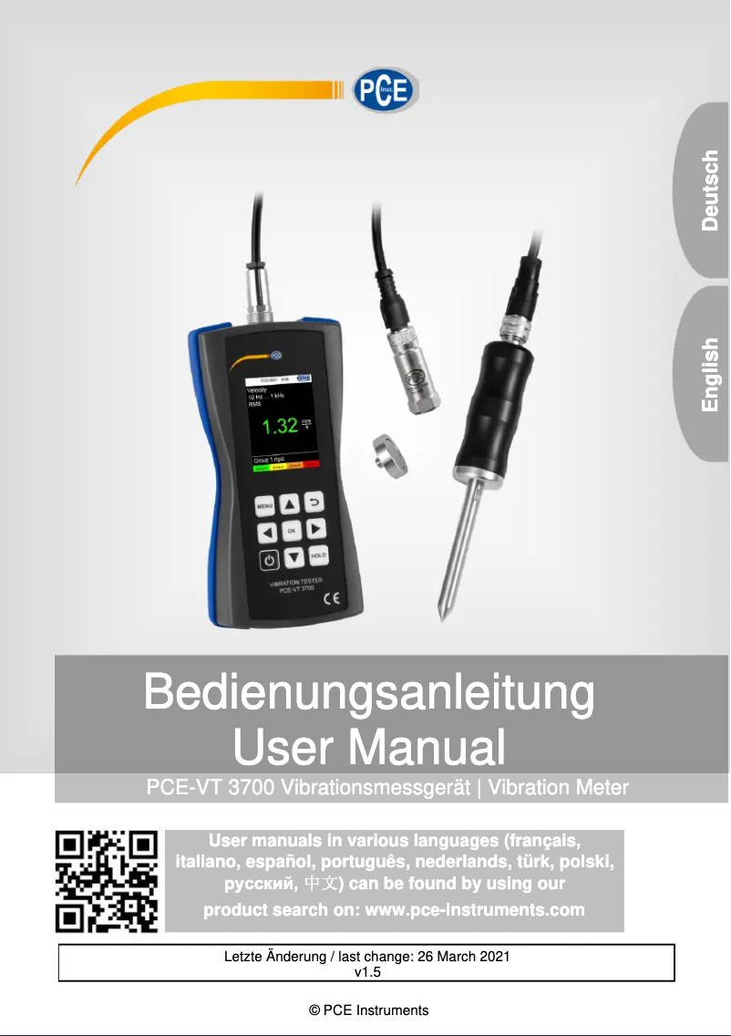 Page 1 de la notice Manuel utilisateur PCE Instruments PCE-VT 3700