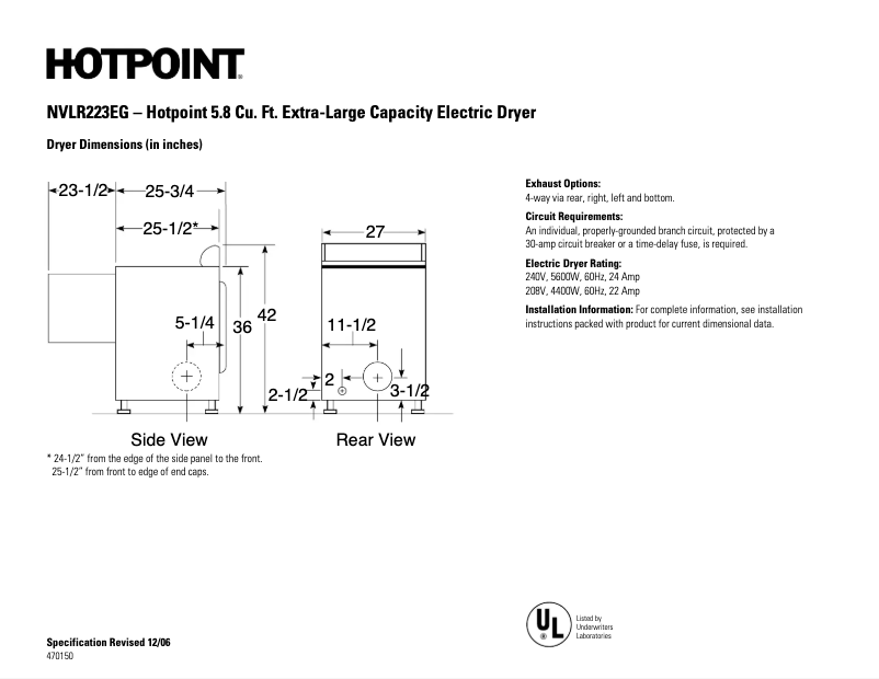 Page 1 de la notice Fiche technique Hotpoint NVLR223EGWW