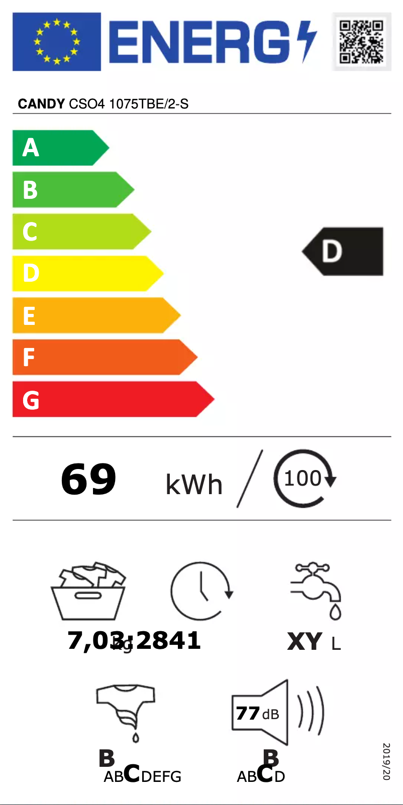 Page 1 de la notice Label énergétique Candy CSO4 1075TBE/2-S