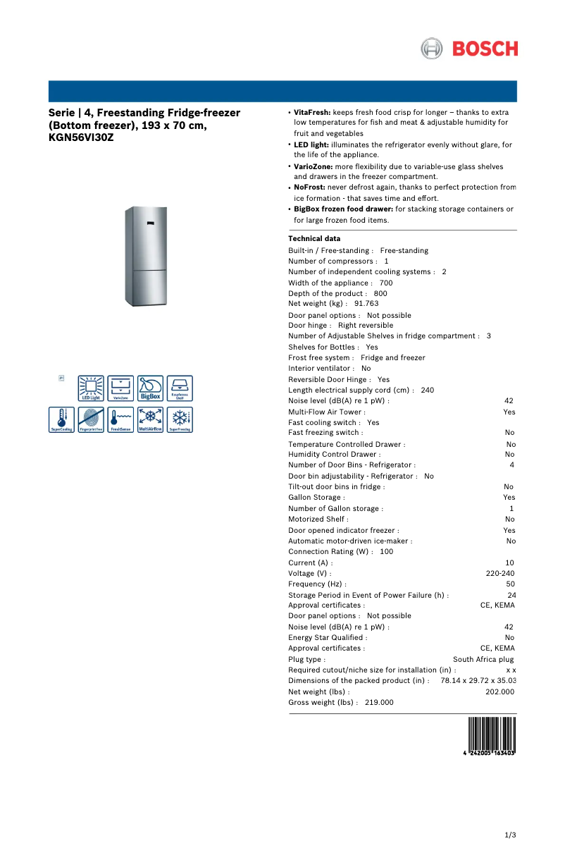Page 1 de la notice Manuel utilisateur Bosch KGN56VI30Z
