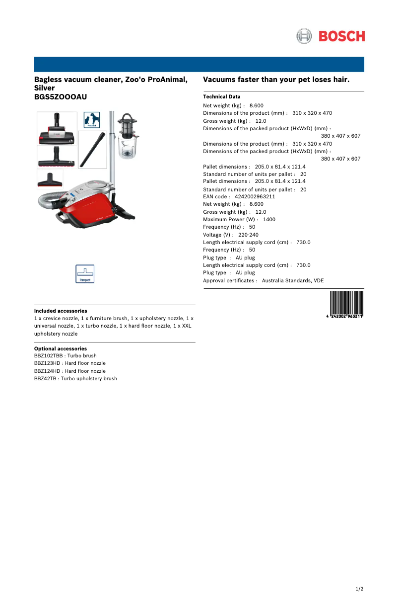 Page 1 de la notice Fiche technique Bosch Relaxx'x Zoo'o ProAnimal BGS5ZOOOAU