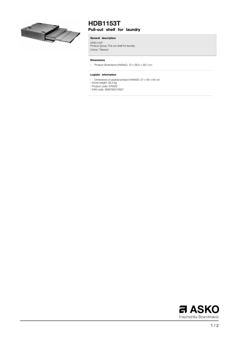 Page n°1 - Fiche technique Asko HDB1153T