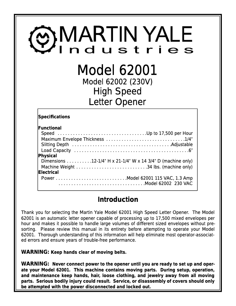 Page n°1 - Manuel utilisateur MartinYale 62001