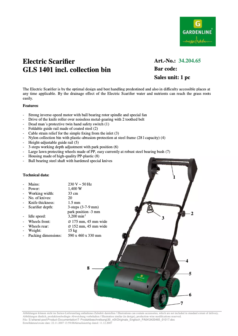 Page n°1 - Fiche technique Gardenline GLS 1401