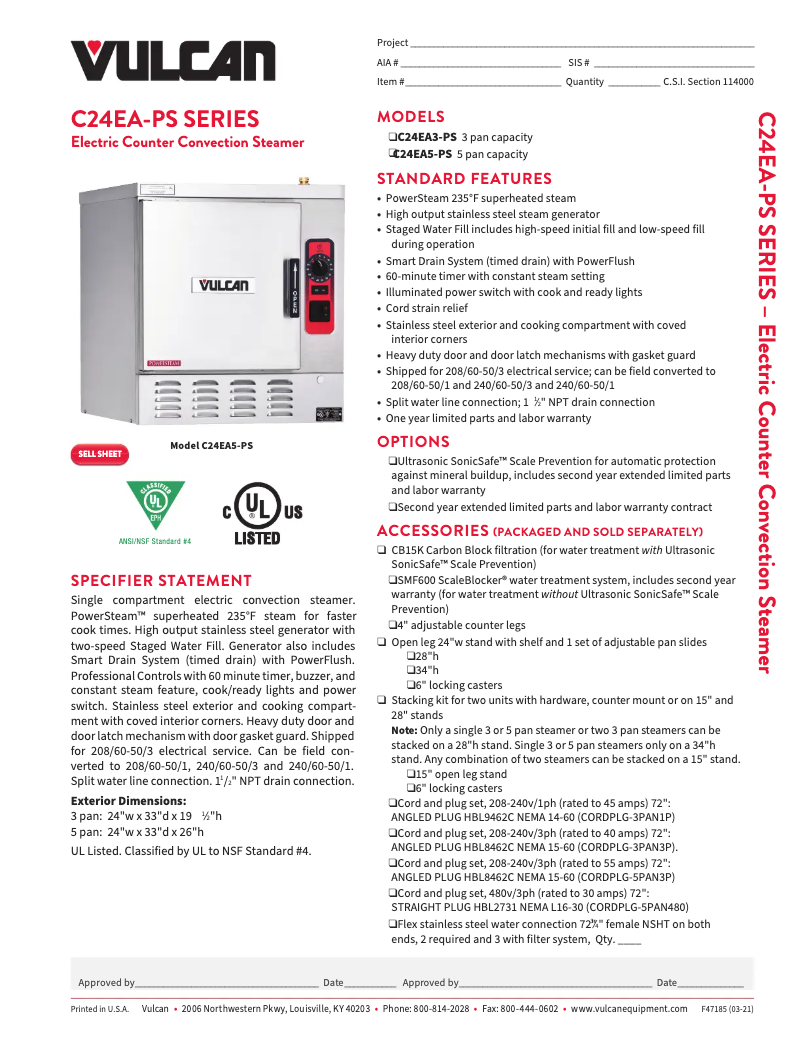 Page 1 de la notice Fiche technique Vulcan C24EA5 PS