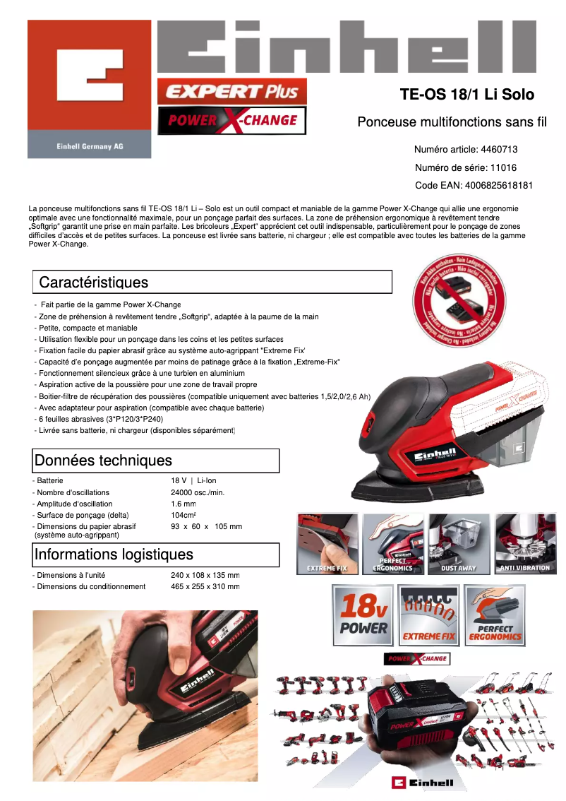 Page 1 de la notice Fiche technique Einhell TE-OS 18/1 Li-Solo