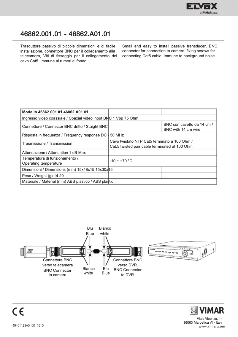 Page 1 de la notice Manuel utilisateur Vimar ELVOX 46862.A01.01