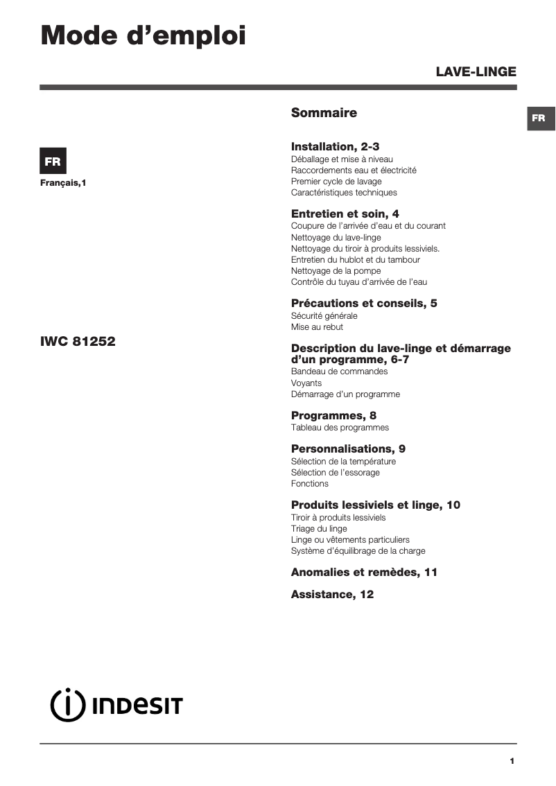 Page 1 de la notice Manuel utilisateur Indesit IWC 81252
