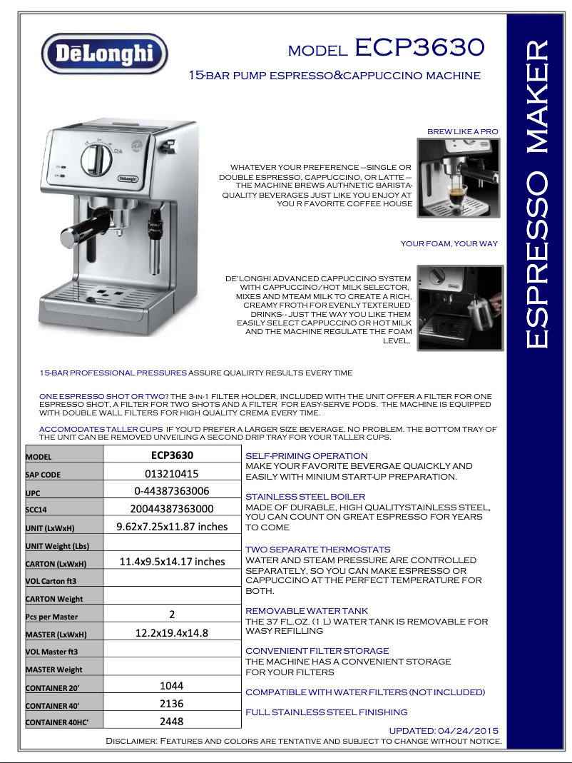 Page n°1 - Fiche technique DeLonghi Pump Espresso ECP 3630