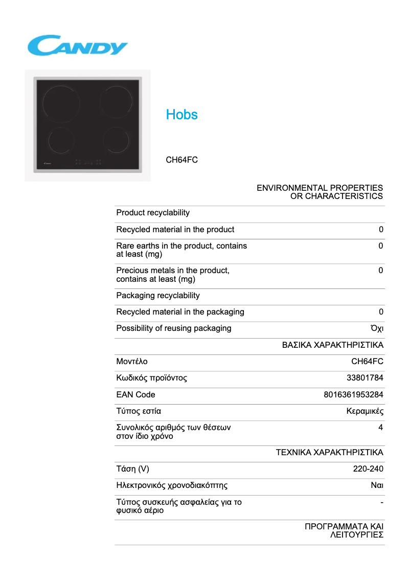 Page 1 de la notice Fiche technique Candy CH64FC
