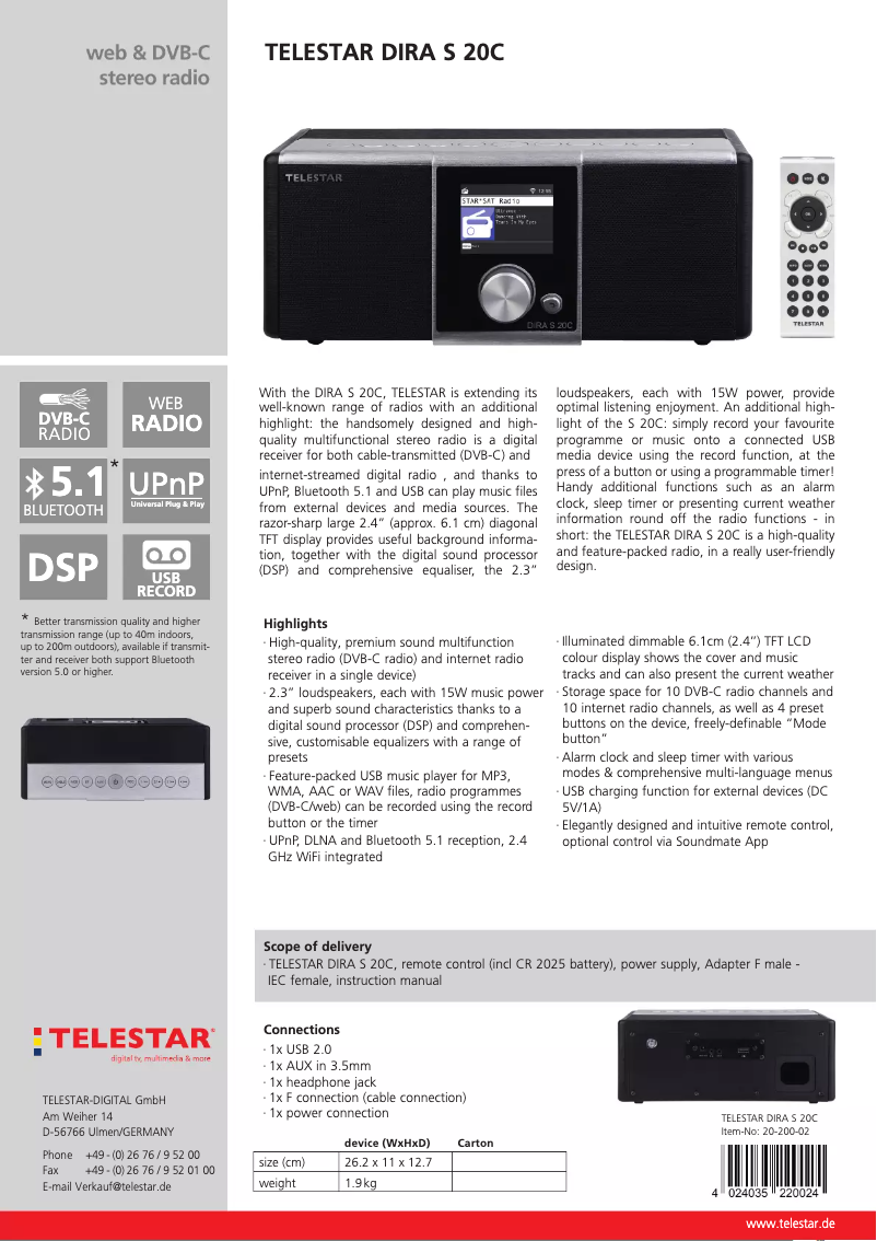 Page 1 de la notice Fiche technique Telestar DIRA S 20C