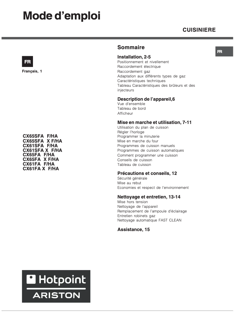 Page 1 de la notice Manuel utilisateur Hotpoint Ariston CX65SFA X F /HA