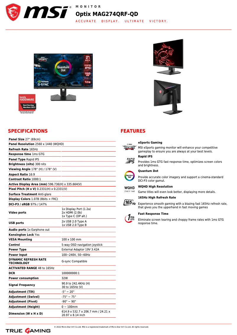 Página 1 del manual Ficha técnica MSI Optix MAG274QRF-QD