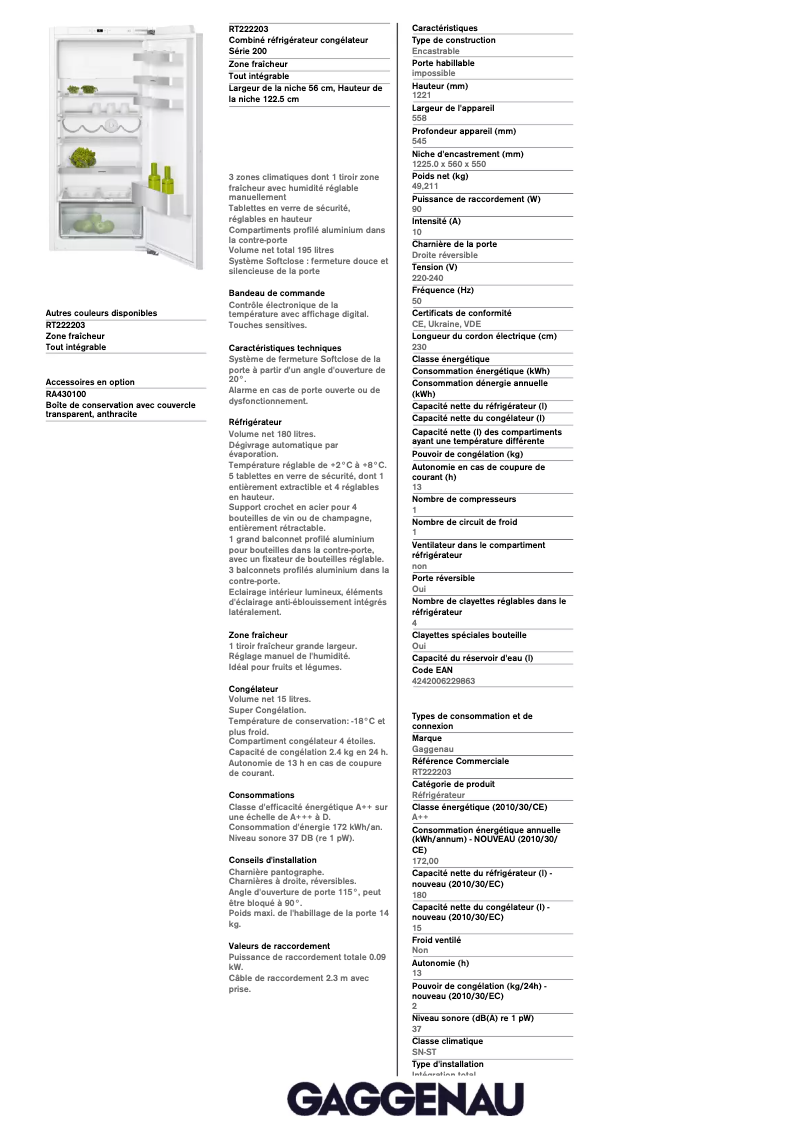 Page 1 de la notice Fiche technique Gaggenau RT222203