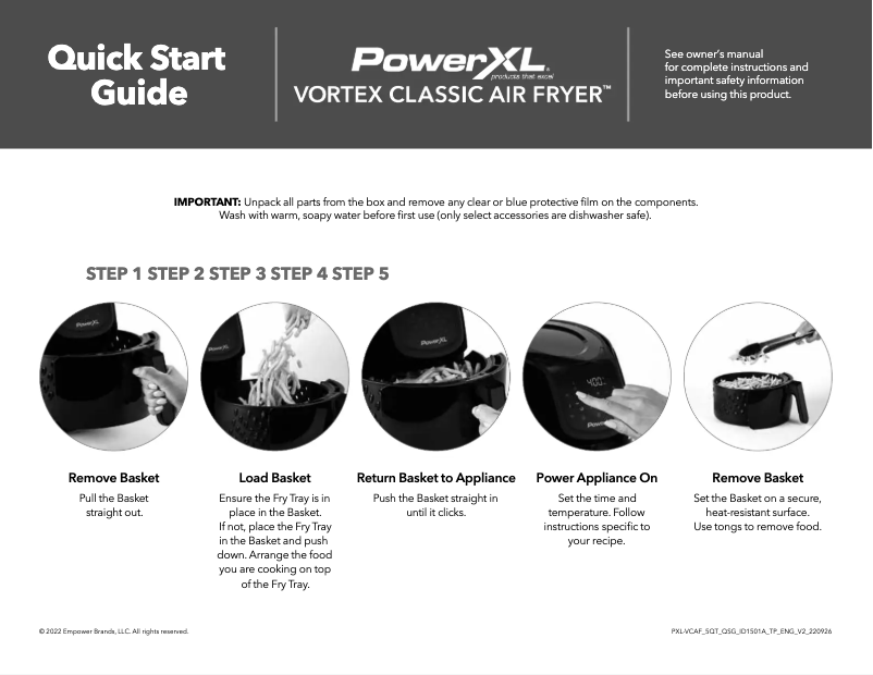 Page 1 de la notice Guide de démarrage rapide PowerXL Vortex Air Fryer ID1501A