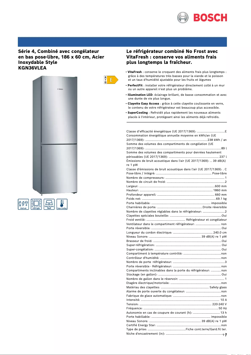 Page n°1 - Fiche technique Bosch KGN36VLEA