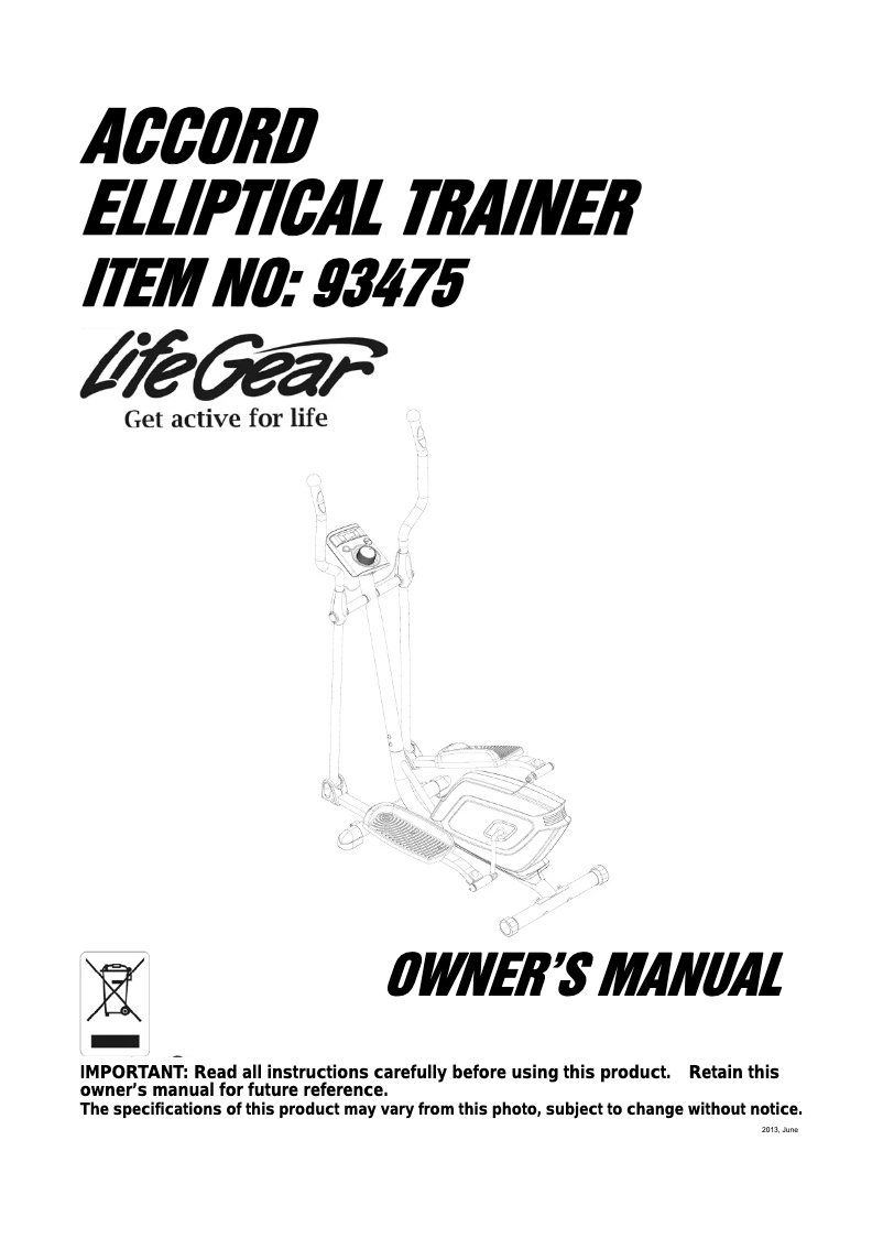 Página 1 del manual Manual de usuario Life Gear Accord Elliptical Trainer 93475