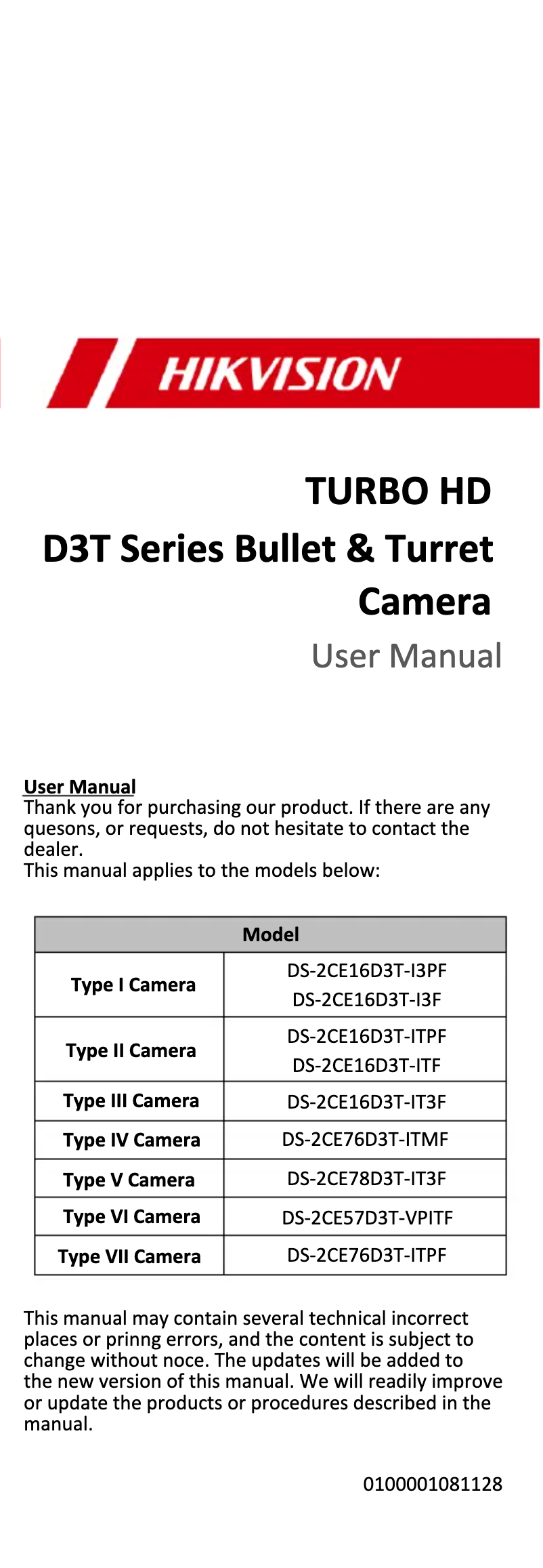 Page 1 de la notice Mode d'emploi Hikvision DS-2CE76D3T-ITPF