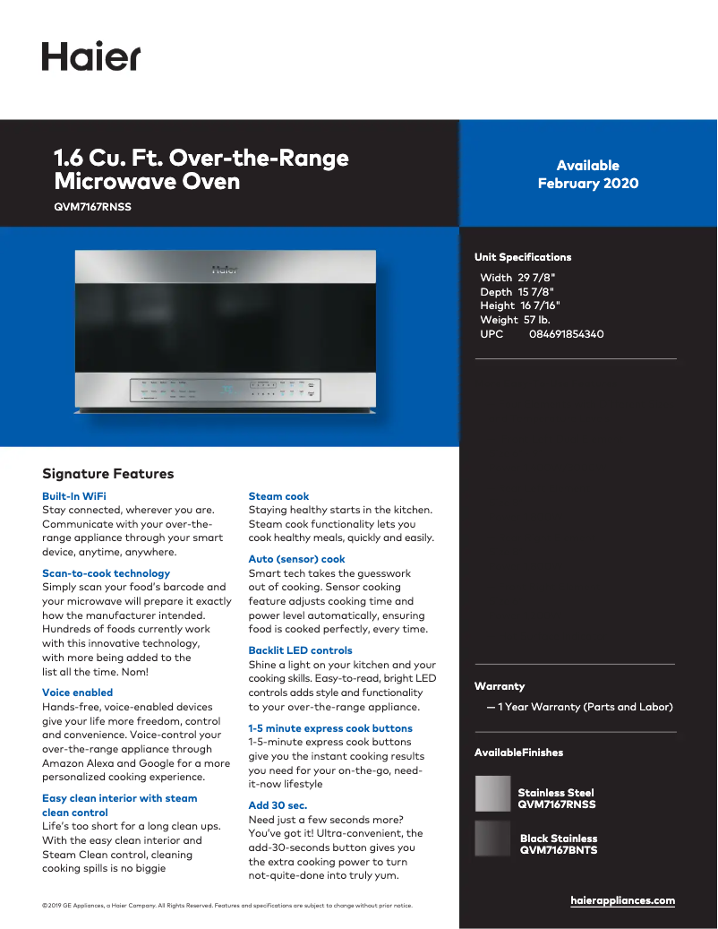 Page 1 de la notice Fiche technique Haier QVM7167RNSS