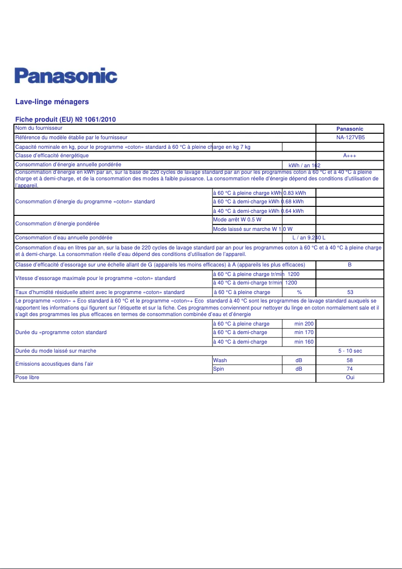 Page 1 de la notice Fiche technique Panasonic NA-127VB5