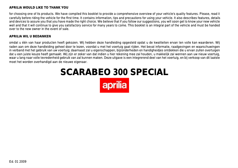 Page 1 de la notice Manuel utilisateur Aprilia Scarabeo 300 Special (2009)