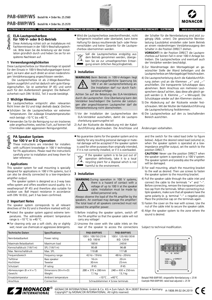 Page 1 de la notice Manuel utilisateur Monacor PAB-6WP/WS