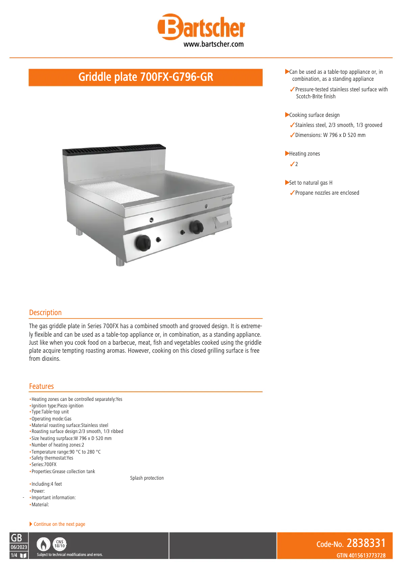 Page n°1 - Fiche technique Bartscher 700FX-G796-GR