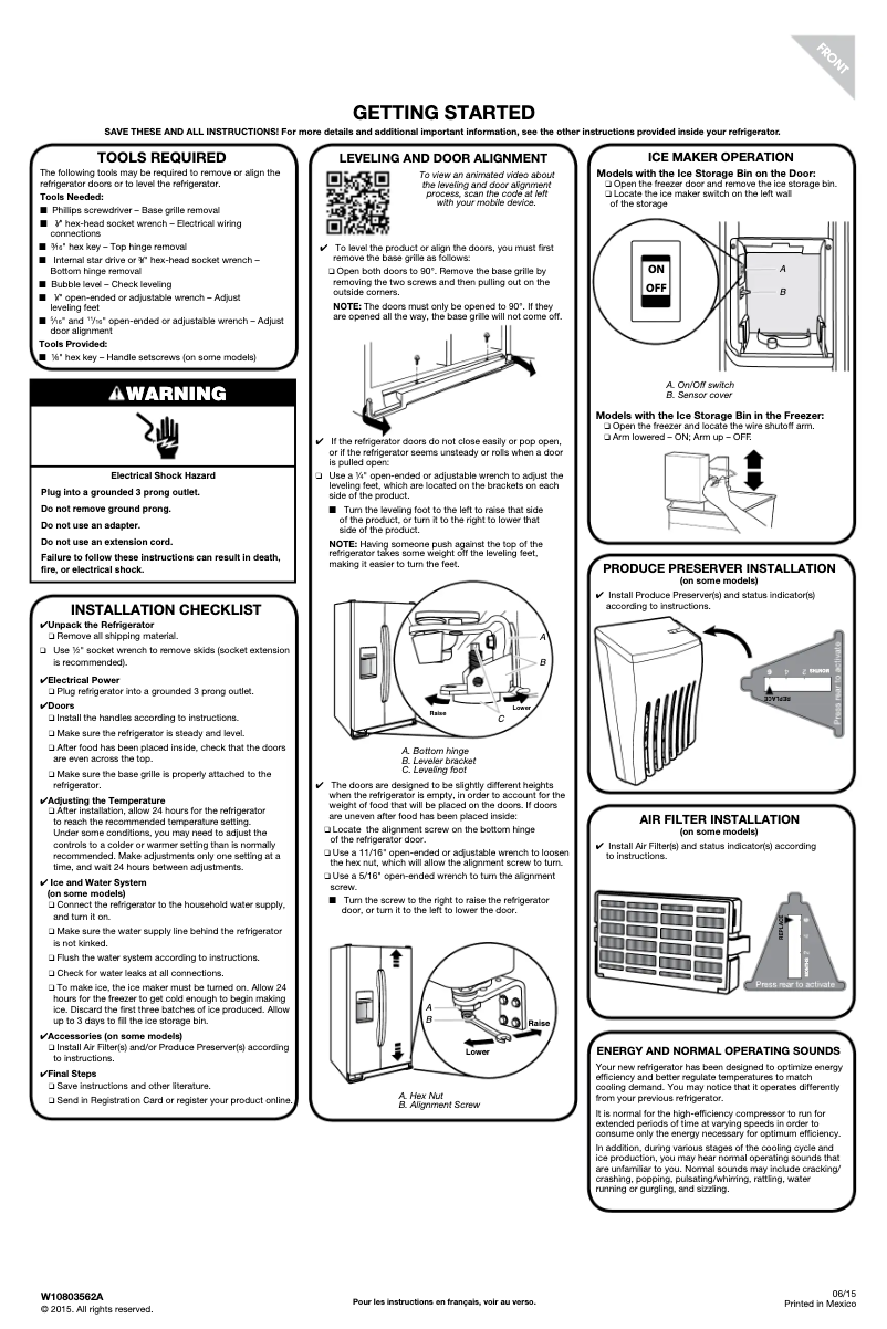 Page 1 de la notice Instructions / montage KitchenAid KRSC703HPS
