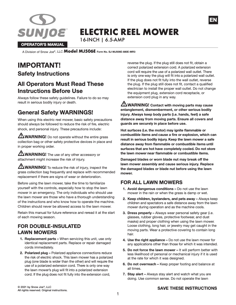 Page 1 de la notice Manuel utilisateur Sun Joe MJ506E