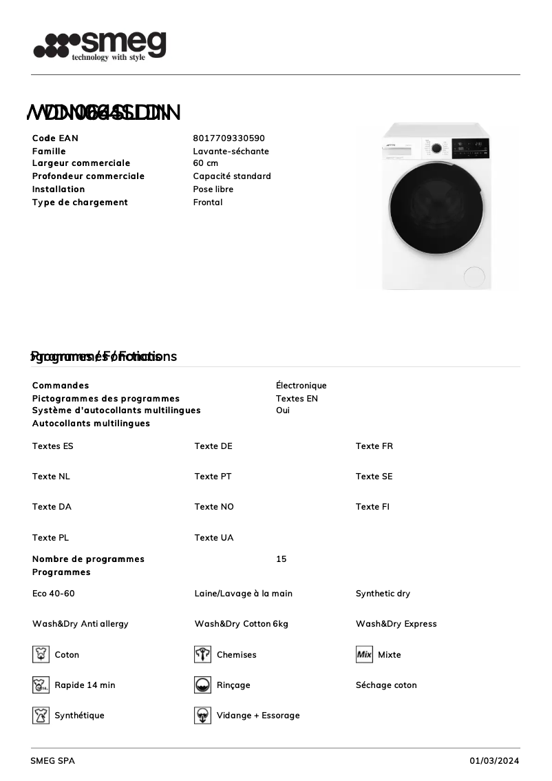 Page n°1 - Fiche technique Smeg WDN064SLDIN